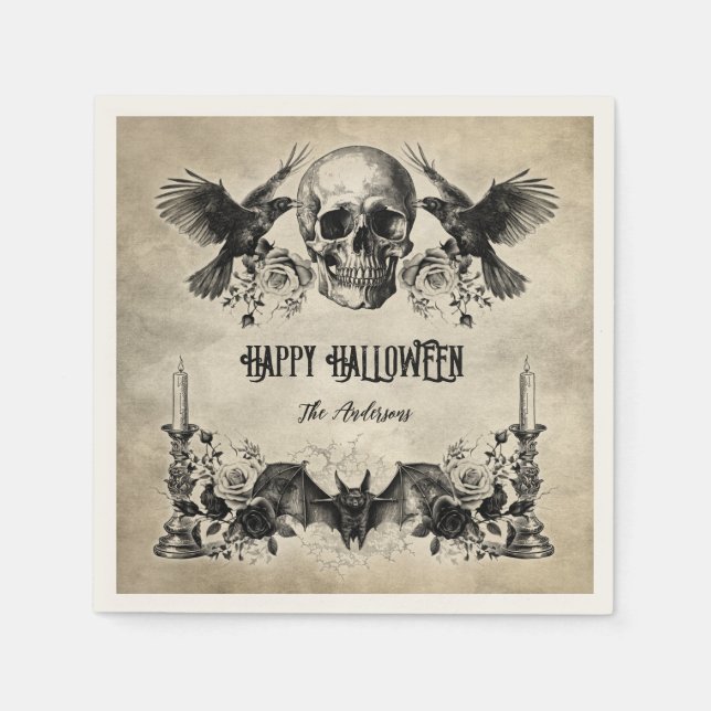Gothic Halloween skull candle bat raven black rose Napkins (Front)