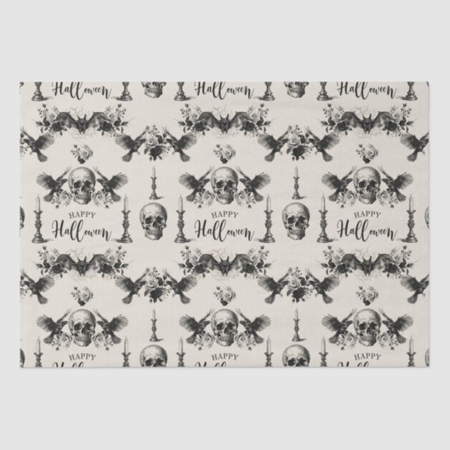 Gothic Halloween skull candle bat raven black rose Tissue Paper (Front)