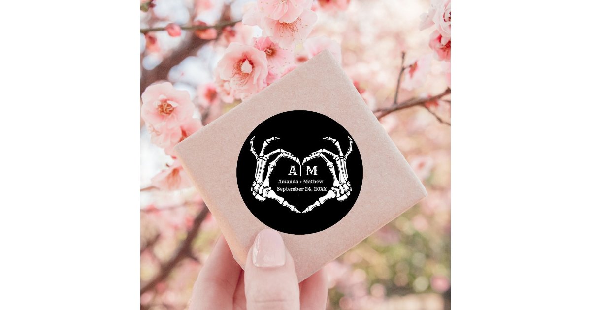 Gothic Halloween Skull Hand Heart Black Wedding Classic Round Sticker ...