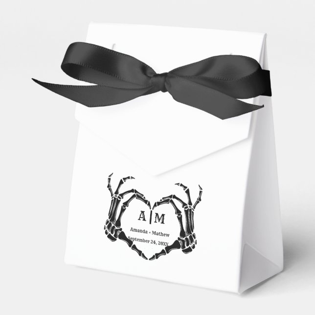 Gothic Halloween Skull Hand Heart Black Wedding Favor Boxes (Front Side)