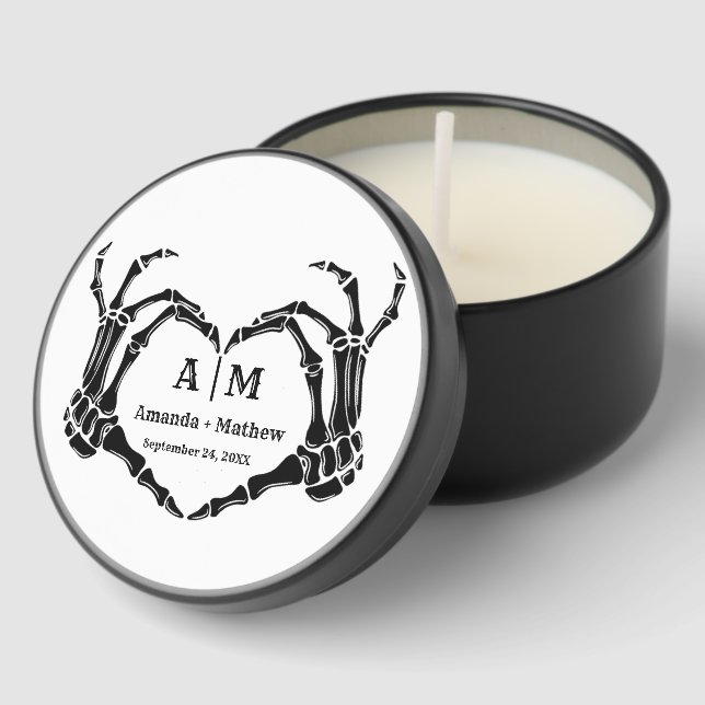 Gothic Halloween Skull Hand Heart Black Wedding Mini Candle Favors (Corner)
