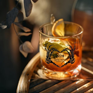 Gothic Halloween Skull Hand Heart Black Wedding Whiskey Glass