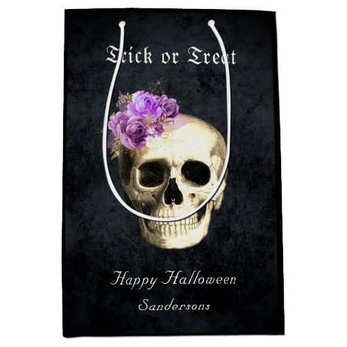 Gothic Halloween Skull Purple Roses Personalized Medium Gift Bag