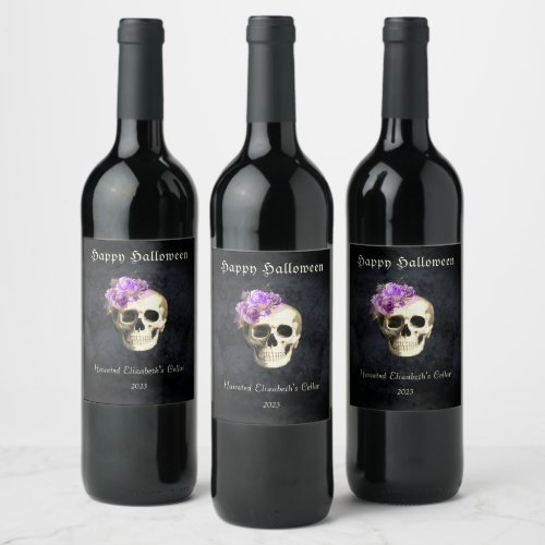 Gothic Halloween Skull Purple Roses Personalized  Wine Label