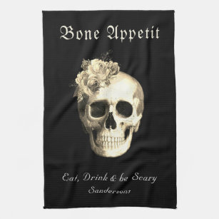 2 HALLOWEEN EAT DRINK & BE SCARY ORNATE SKULL KITCHEN TOWELS GOTHIC