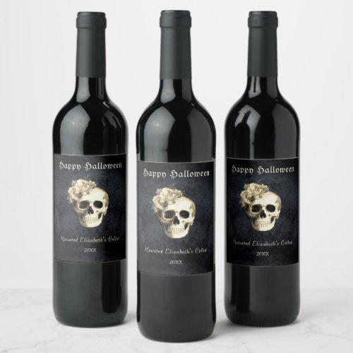 Gothic Halloween Skull White Roses Personalized Wine Label