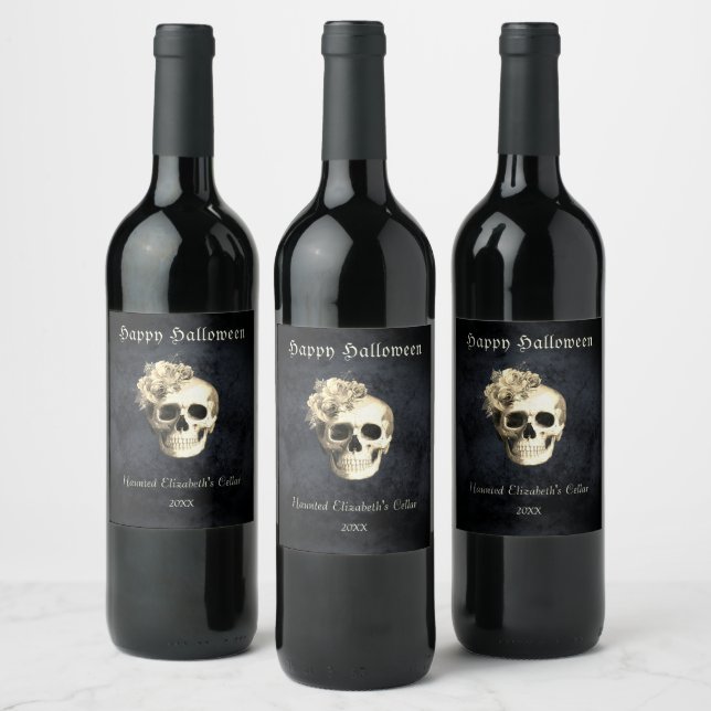 Gothic Halloween Skull White Roses Personalized Wine Label (Bottles)
