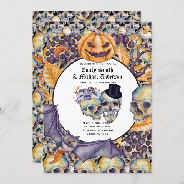 Gothic Halloween Skulls Party Invite Watercolor