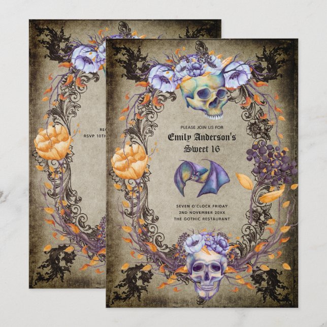 Gothic Halloween Skulls Party Invite Watercolor (Front/Back)