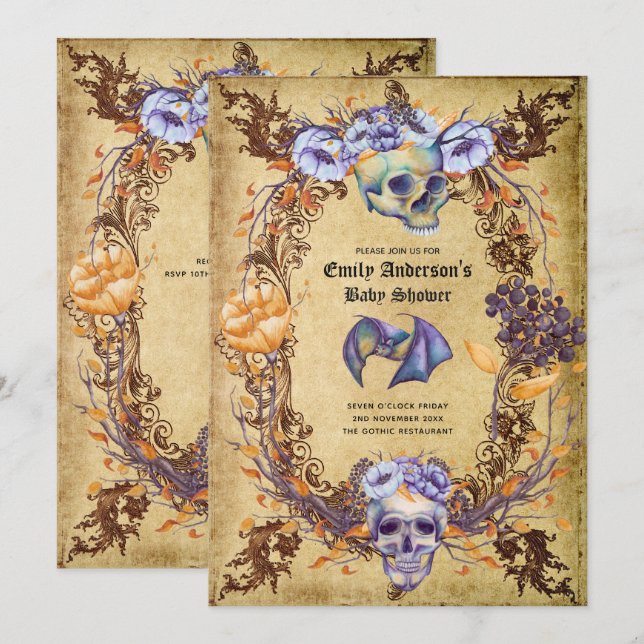 Gothic Halloween Skulls Party Invite Watercolor (Front/Back)