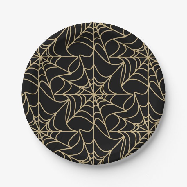Gothic Halloween Spider Web Gold Paper Plates (Front)