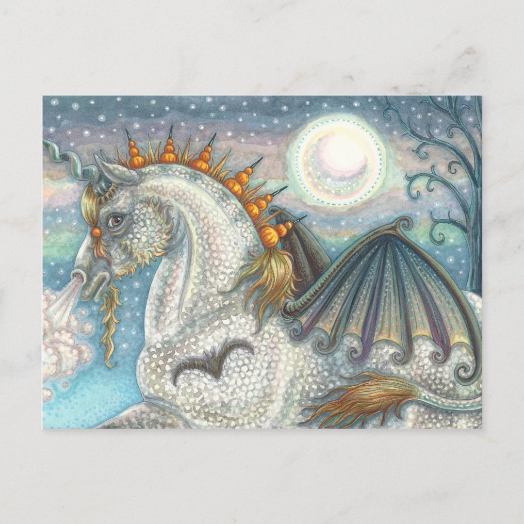 GOTHIC HALLOWEEN UNICORN WITH BAT WINGS, HORSE POSTCARD (Front)