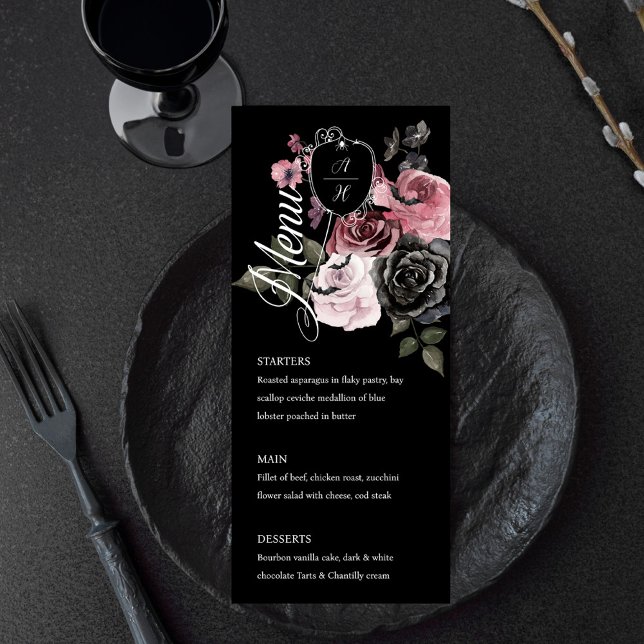 Gothic Halloween Watercolor Floral Monogram Crest Menu (Gothic Halloween Watercolor Floral Monogram Crest Menu)