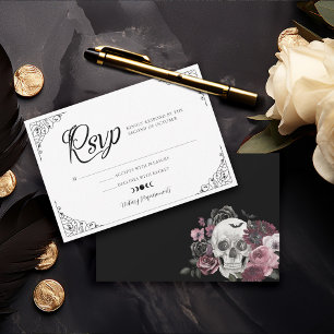 Gothic Halloween Wedding Coffin Floral Skull RSVP Card