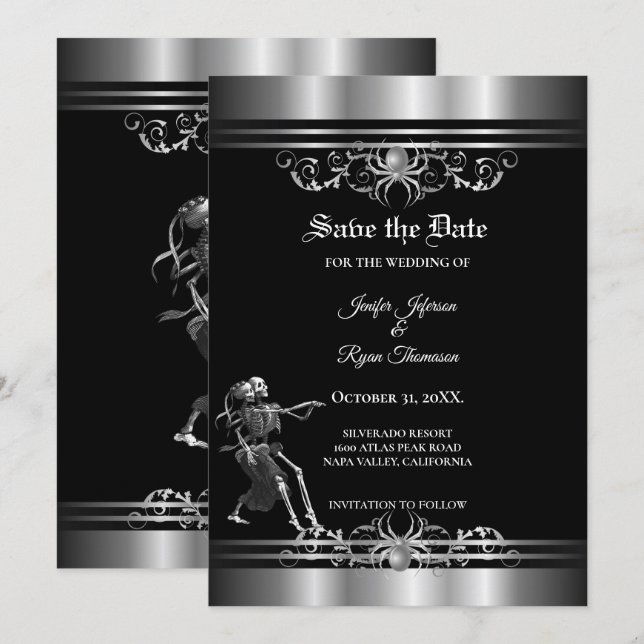 Gothic halloween wedding save the date announcement (Front/Back)