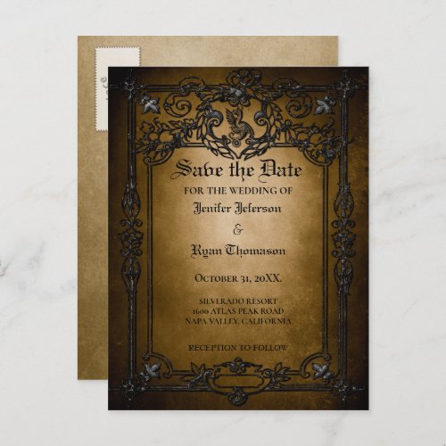 Gothic halloween wedding save the date postcard