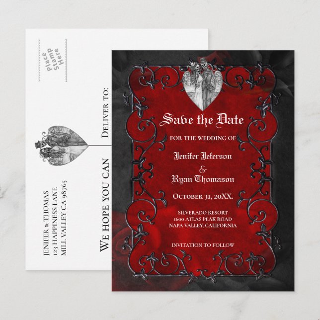 Gothic halloween wedding save the date postcard (Front/Back)