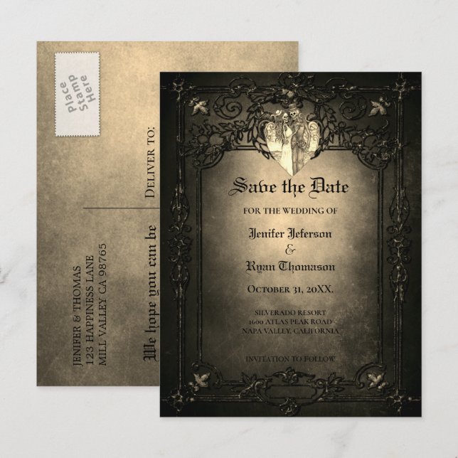 Gothic halloween wedding save the date postcard (Front/Back)