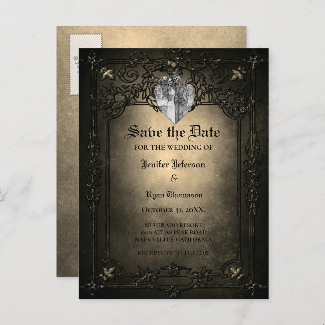 Gothic halloween wedding save the date postcard (Front/Back)