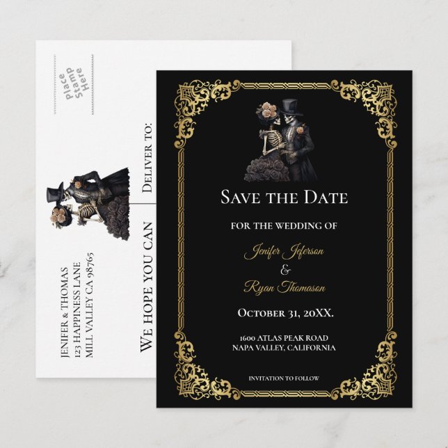 Gothic halloween wedding save the date postcard (Front/Back)
