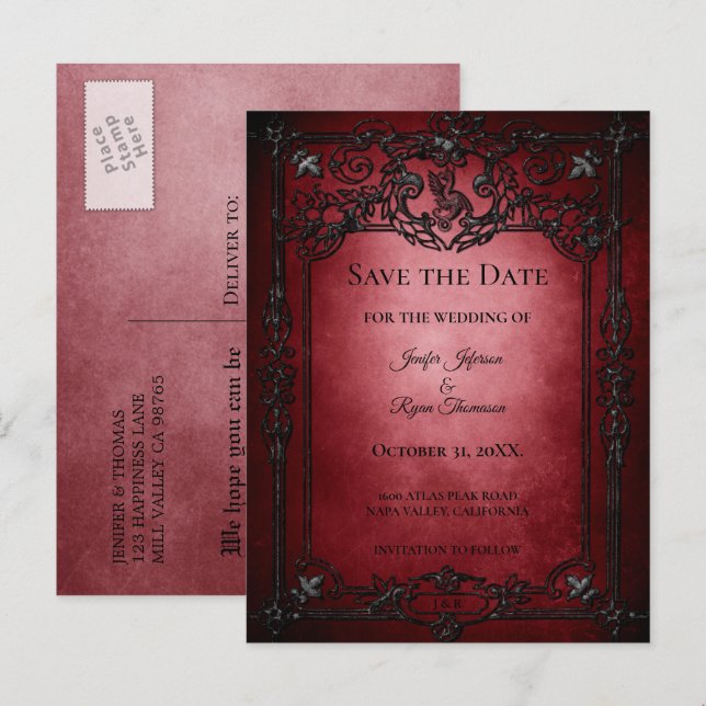 Gothic halloween wedding save the date postcard (Front/Back)