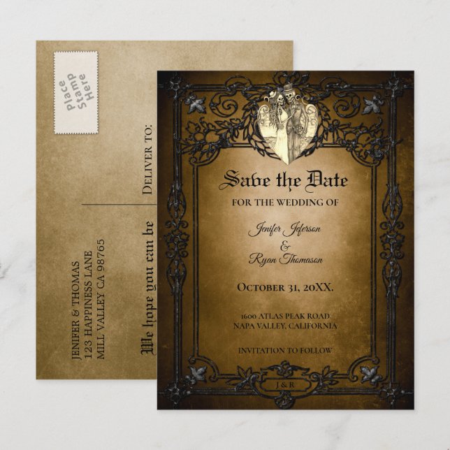 Gothic halloween wedding save the date postcard (Front/Back)