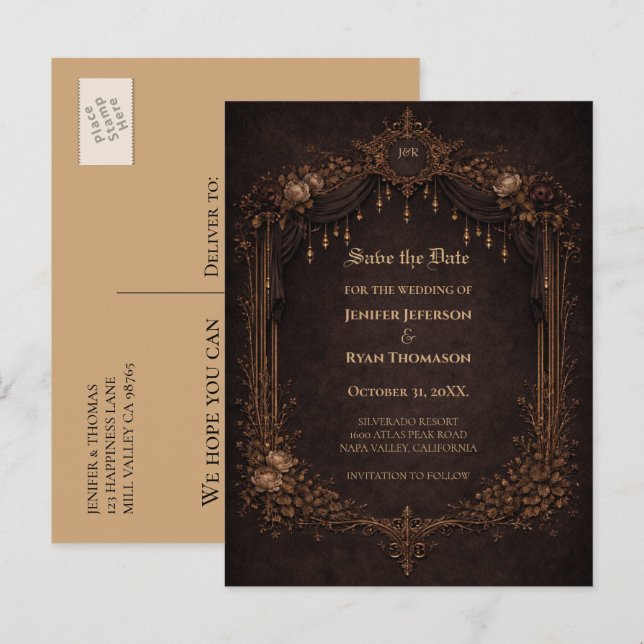 Gothic halloween wedding save the date postcard (Front/Back)