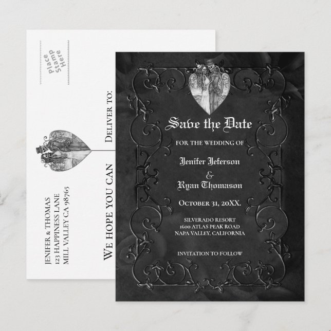 Gothic halloween wedding save the date postcard (Front/Back)