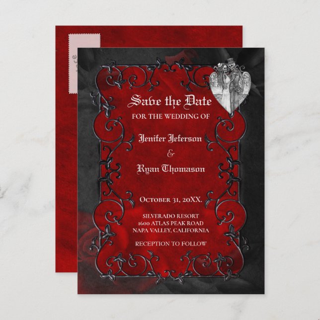 Gothic halloween wedding save the date postcard (Front/Back)