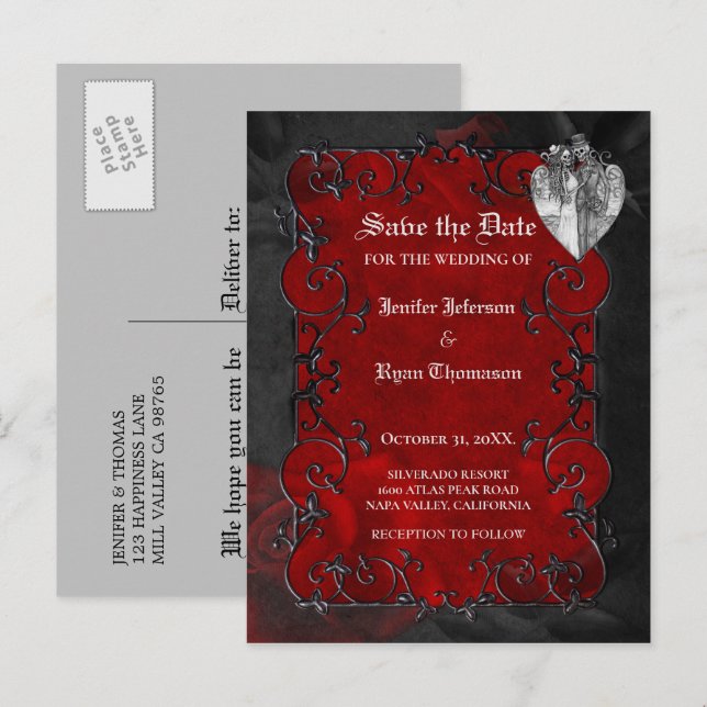 Gothic halloween wedding save the date postcard (Front/Back)