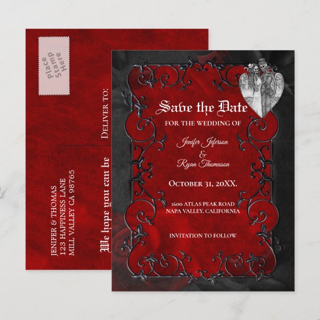 Gothic halloween wedding save the date postcard (Front/Back)