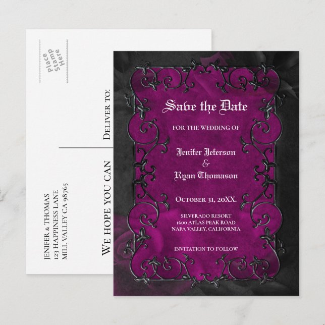 Gothic halloween wedding save the date postcard (Front/Back)