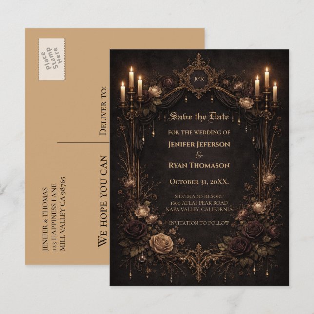 Gothic halloween wedding save the date postcard (Front/Back)