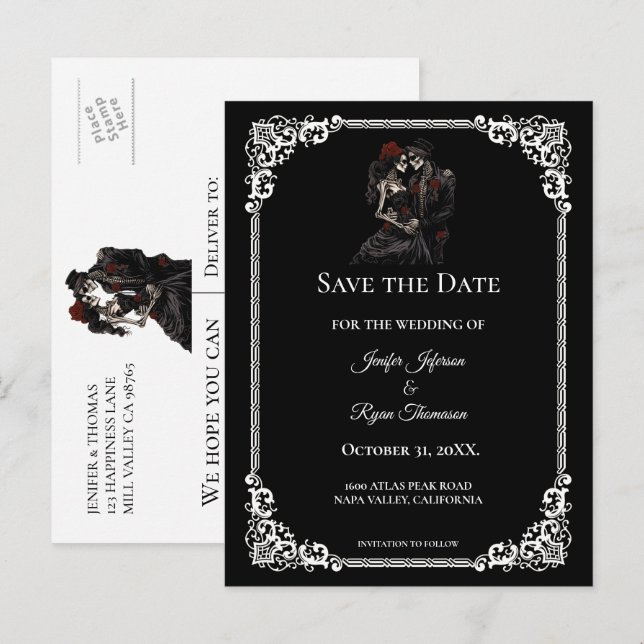 Gothic halloween wedding save the date postcard (Front/Back)
