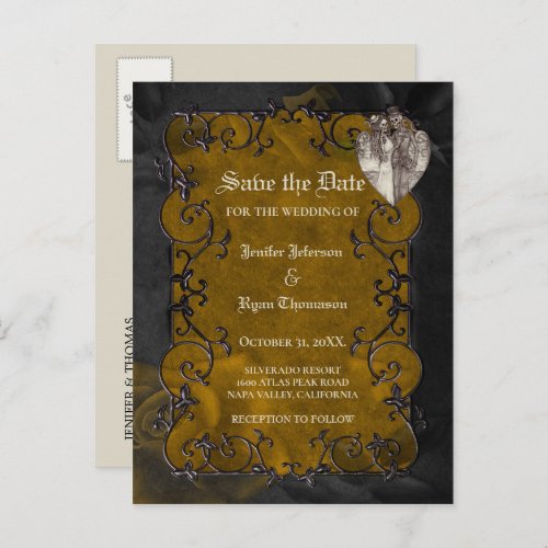 Gothic halloween wedding save the date postcard