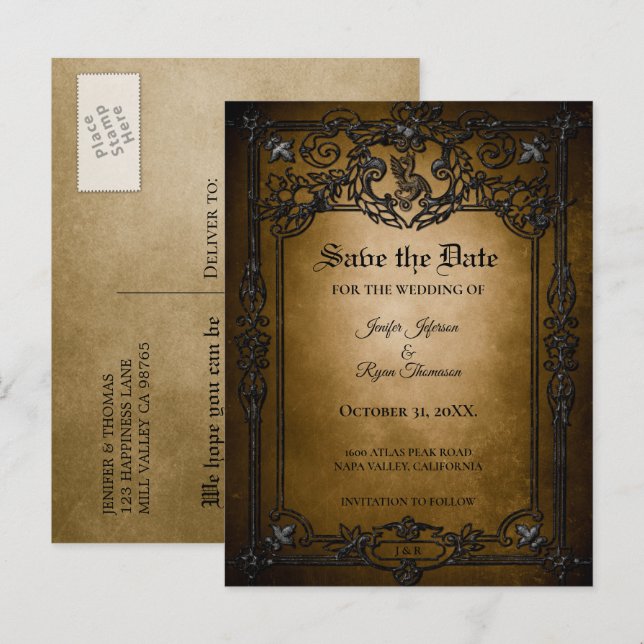 Gothic halloween wedding save the date postcard (Front/Back)