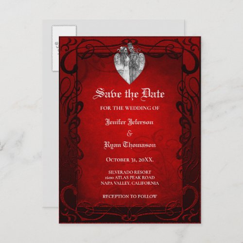 Gothic halloween wedding save the date postcard