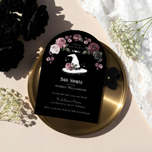 Gothic Halloween White Lace Witch Hat Baby Shower Invitation