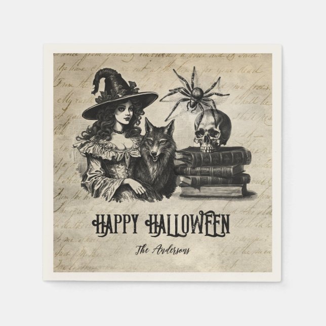 Gothic Halloween witch skull spider wolf Napkins (Front)