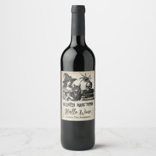 Gothic Halloween witch skull spider wolf Wine Label