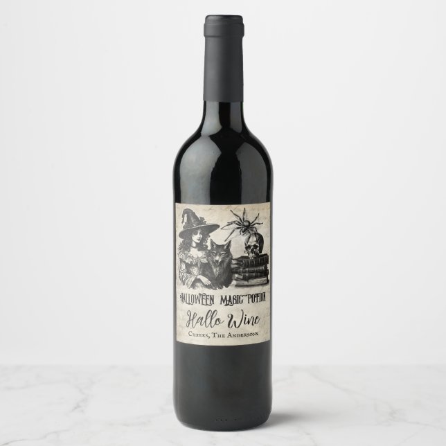 Gothic Halloween witch skull spider wolf Wine Label (Front)