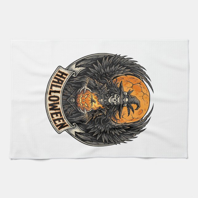 Gothic Halloween Witch Vintage Kitchen Towel (Horizontal)