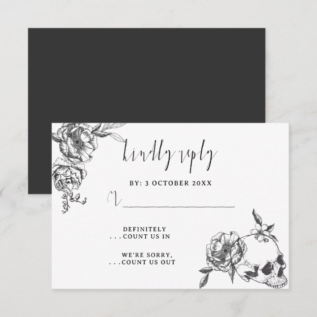 Gothic Hand drawn Flowers Skull RSVP card (Front/Back)