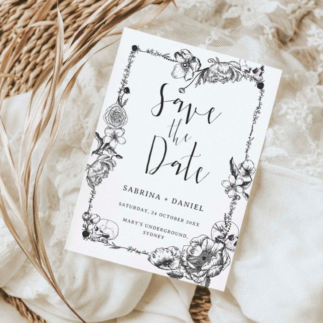 Gothic Hand drawn Flowers Skull Save the date Invitation (Creator Uploaded)
