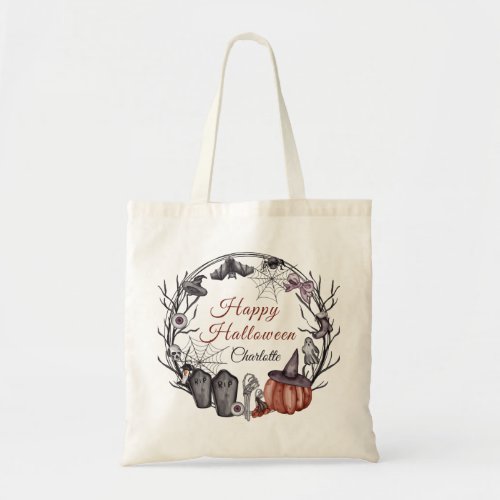 Gothic Happy Halloween Wreath Trick or Treat Tote Bag