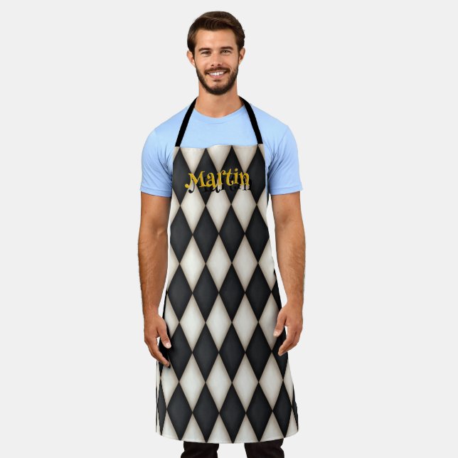 Gothic Harlequin Pattern Playful Personalized Name Apron (Worn)