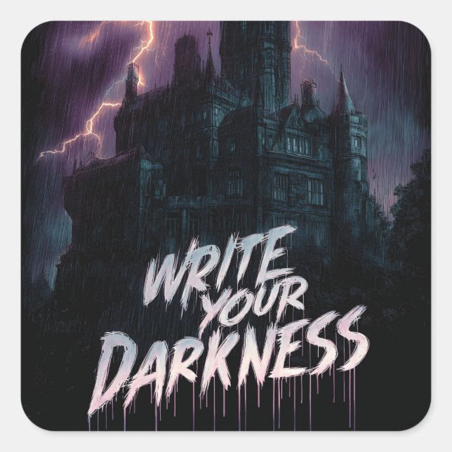 Gothic Haunted Castle Under Thunderstorm with Text Square Sticker (Front)