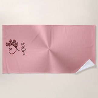 Gothic heart and roses on rose-gold with Monogram Beach Towel