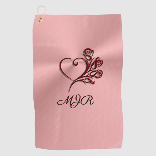 Gothic heart and roses on rose-gold with Monogram Golf Towel (Front)