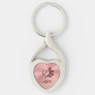 Gothic heart and roses on rose-gold with Monogram Keychain